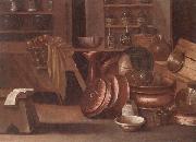 unknow artist, A Kitchen still life of utensils and fruit in a basket,shelves with wine caskets beyond